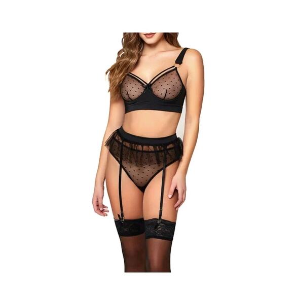 Icollection Risque Black 4-Piece BRA, PANTY, GARTER, NYLONS Lingerie Set Large - Picture 3 of 9